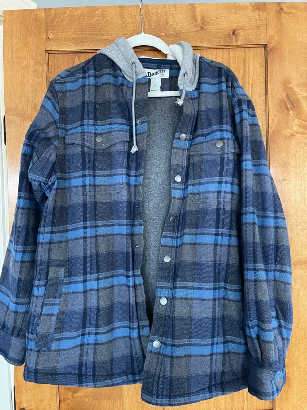 Duluth Trading Co Blue and Gray Plaid Hooded Flannel Jacket